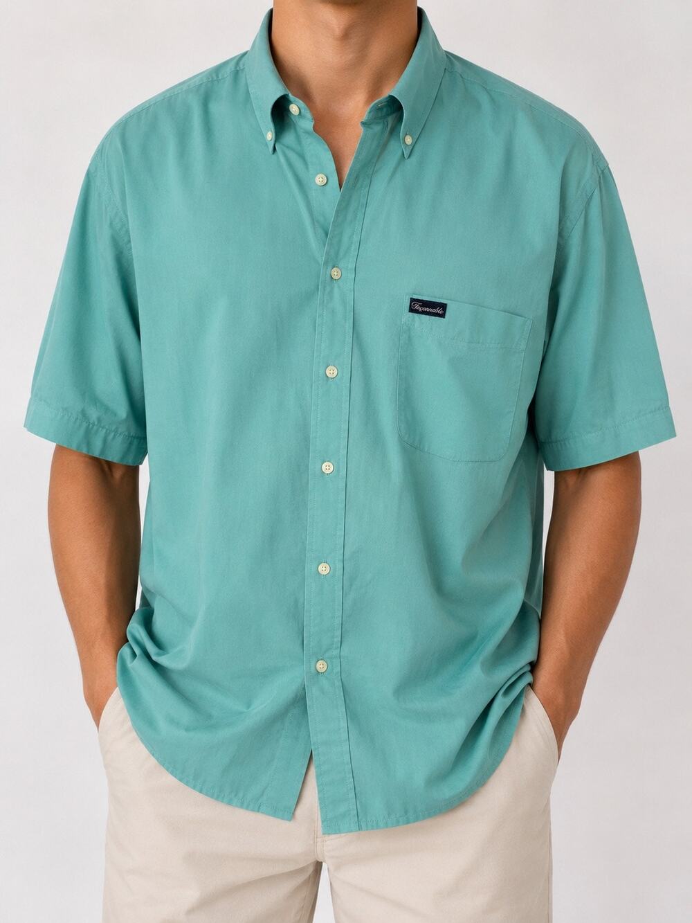 Faconnable Mens XL Aqua 100% Cotton Button Down Shirt Short Sleeve Dress Shirt